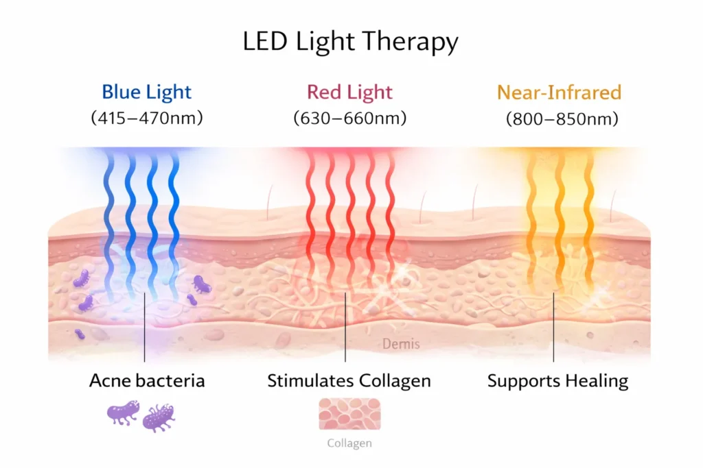 Red light, blue light and near infrared light penetrating skin layers diagram